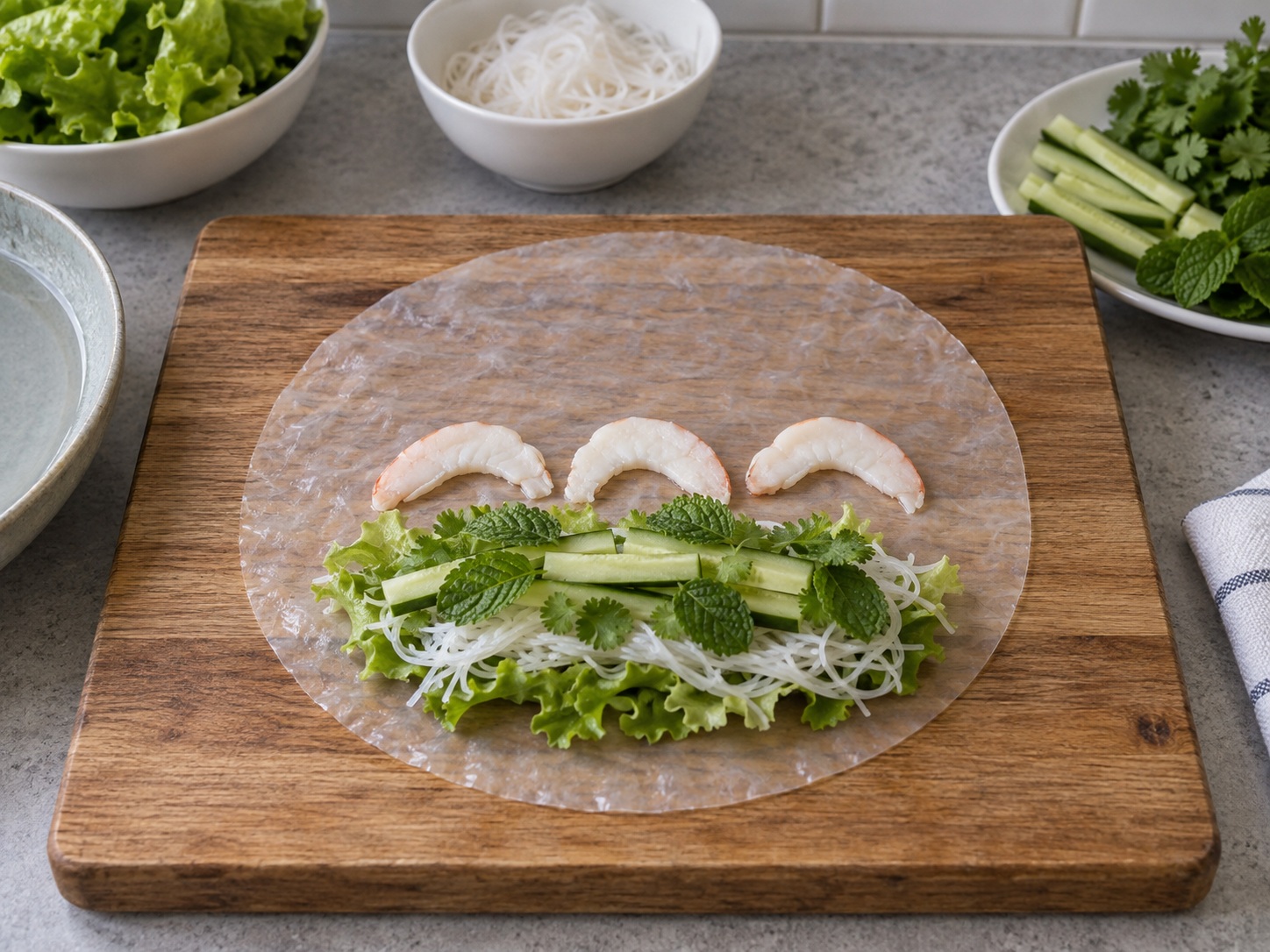 Vietnamese Goi Cuon Shrimp Fresh Spring Rolls — Arrange filling