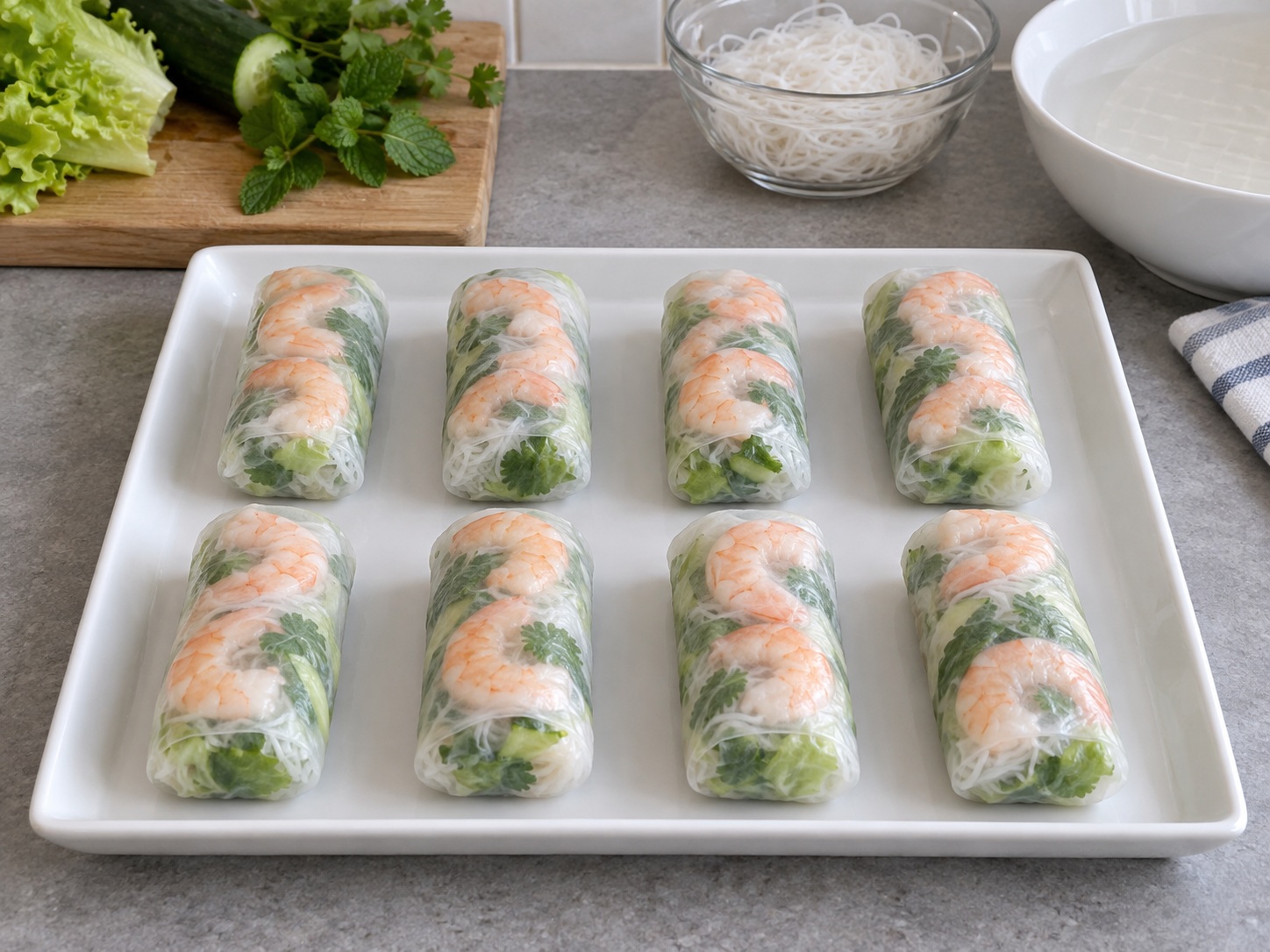 Vietnamese Goi Cuon Shrimp Fresh Spring Rolls — Finish eight rolls