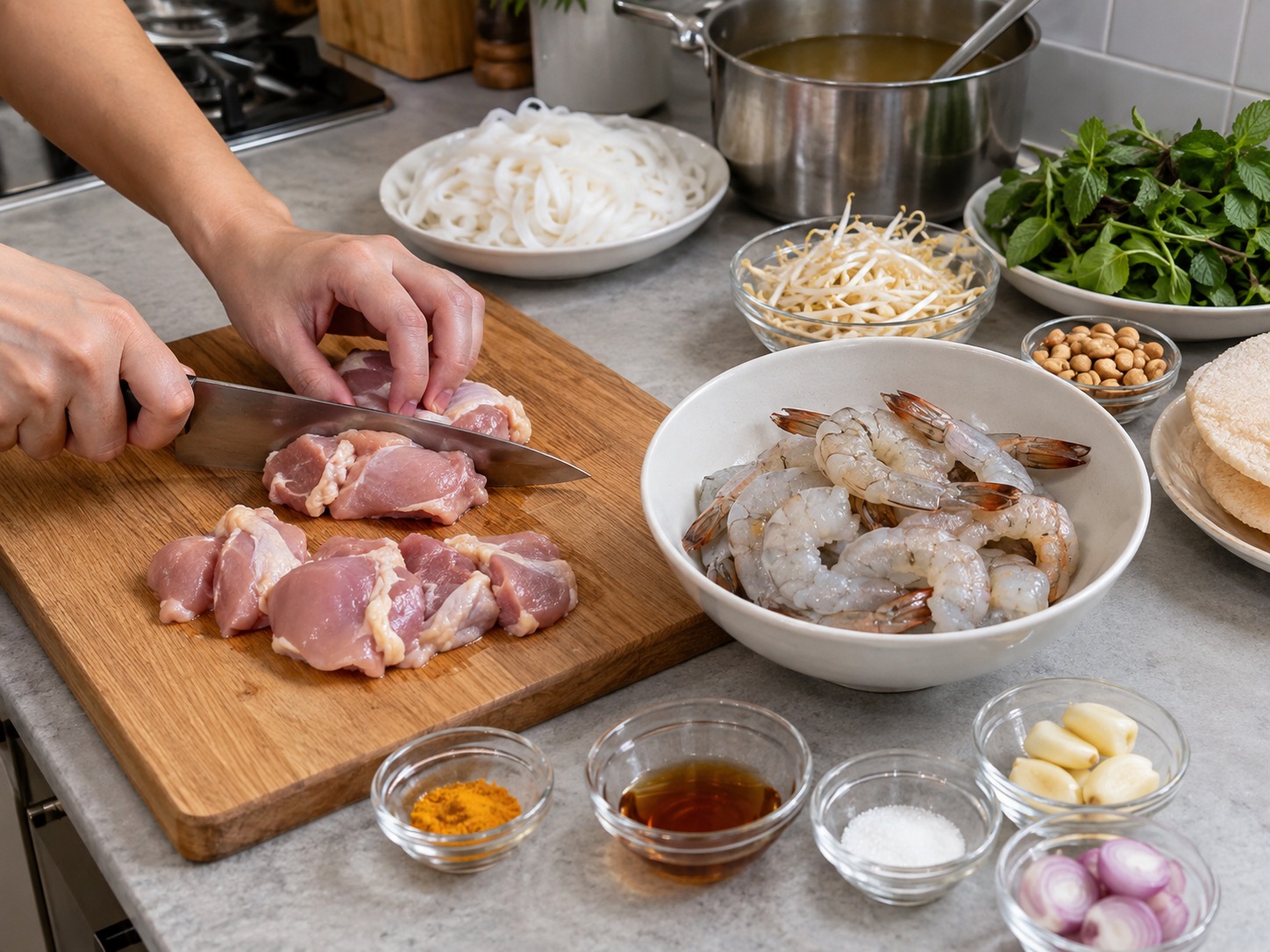 越南雞蝦廣南麵 Mì Quảng — 雞腿切件；蝦去殼去腸但保留蝦尾