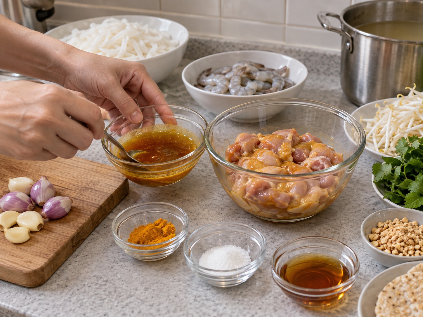 越南雞蝦廣南麵 Mì Quảng — 魚露、黃薑粉和糖拌勻，取一半醃雞十五分鐘
