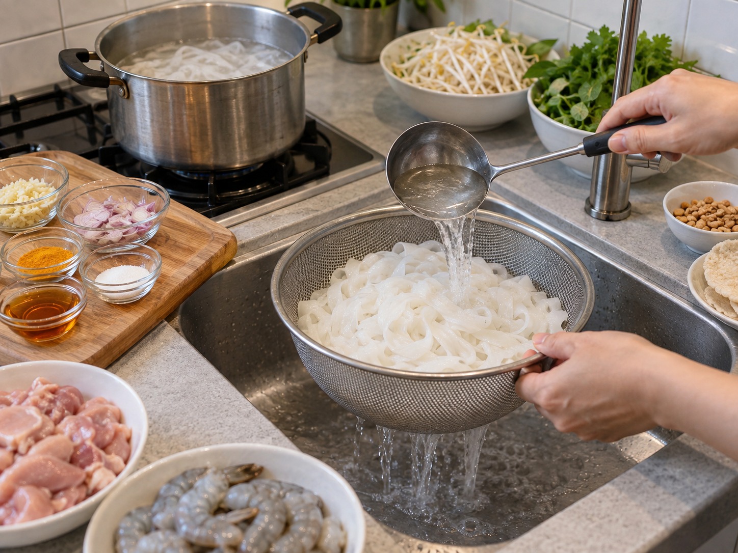 越南雞蝦廣南麵 Mì Quảng — 另鍋把寬米麵煮熟，沖暖水後瀝乾