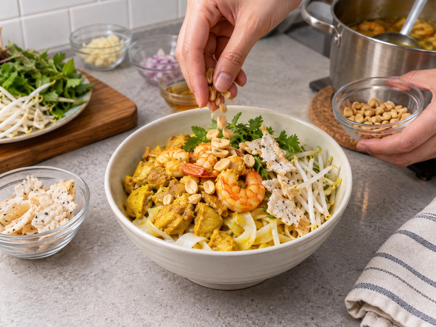 越南雞蝦廣南麵 Mì Quảng — 撒花生並配上掰開的米餅