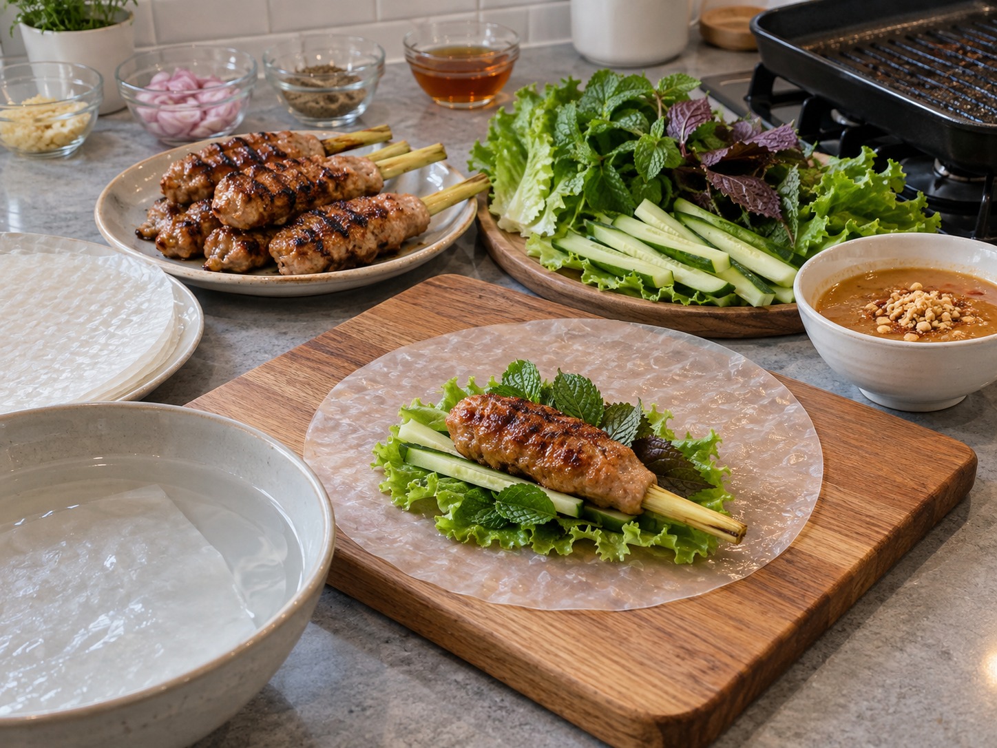 Nem Lui Hue Vietnam — Lunakkan rice paper lalu bungkus dengan herba, mentimun dan sate