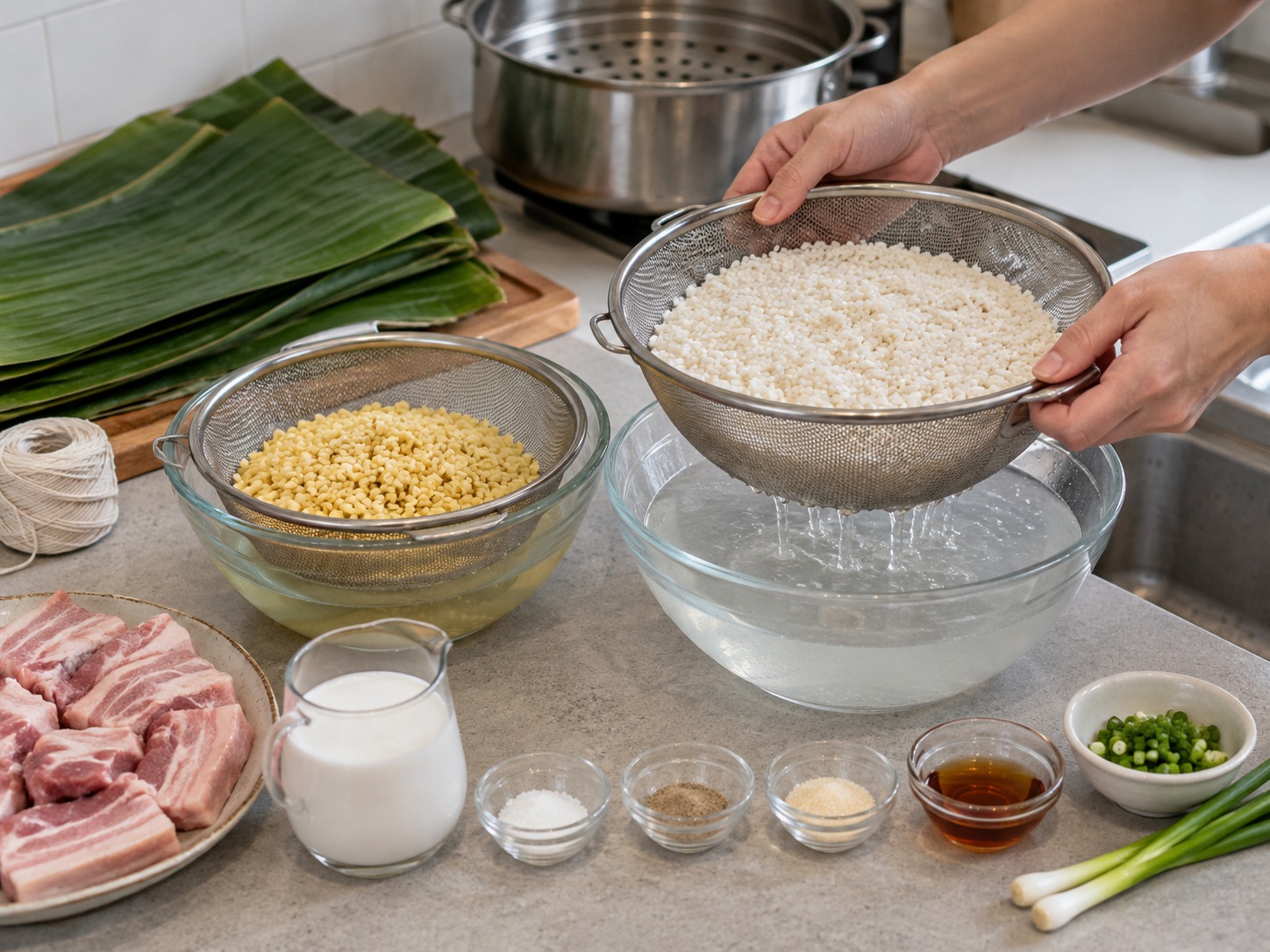 越南鹹味圓筒糯米粽 Bánh Tét — 糯米和綠豆分別浸水至少六小時後瀝乾