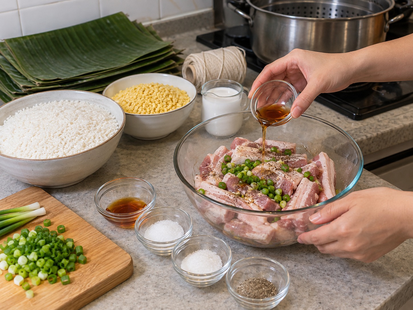 越南鹹味圓筒糯米粽 Bánh Tét — 豬腩切長條,以魚露、白胡椒和蔥粒醃三十分鐘