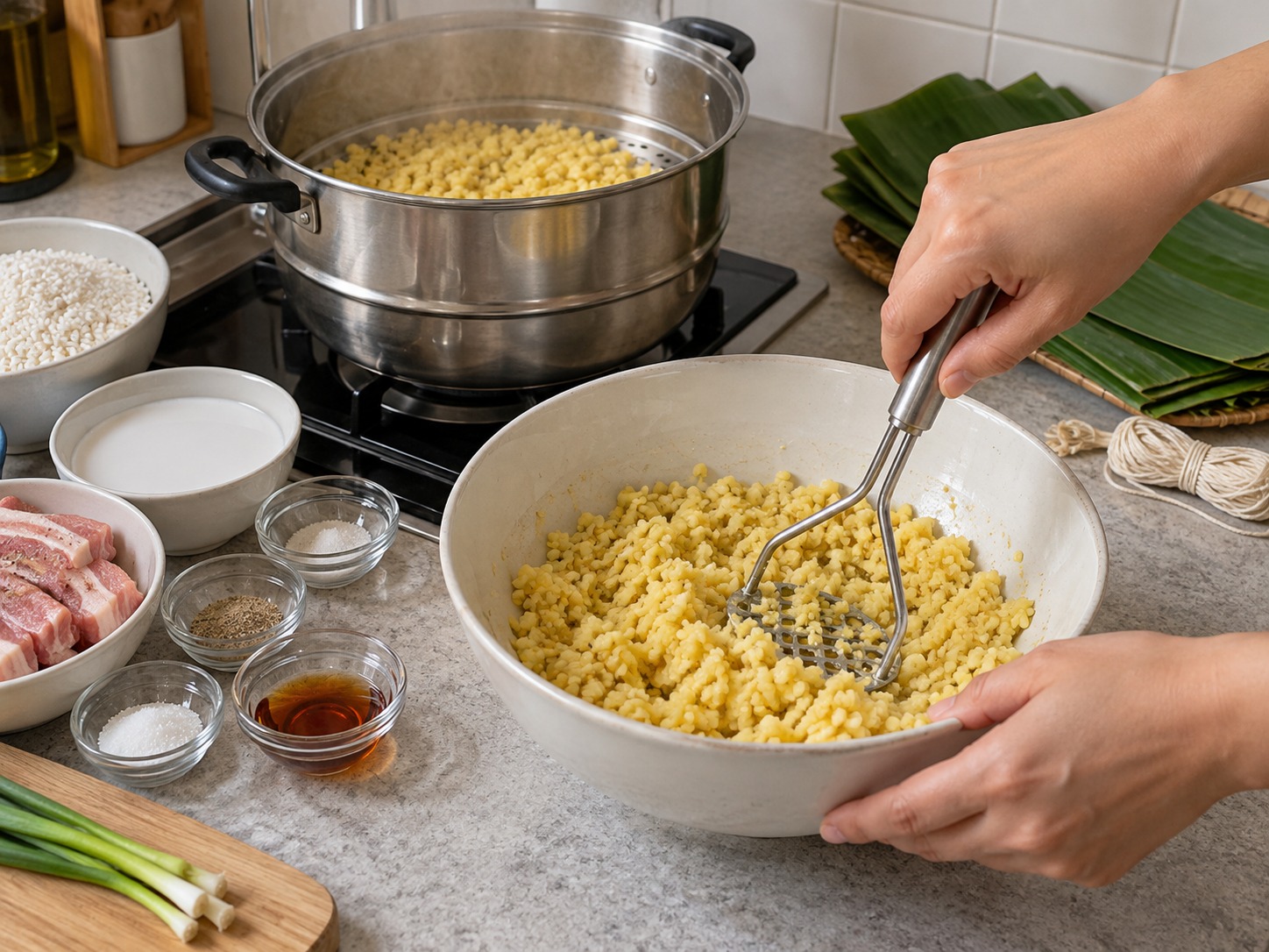 越南鹹味圓筒糯米粽 Bánh Tét — 綠豆蒸二十分鐘後壓成粗蓉