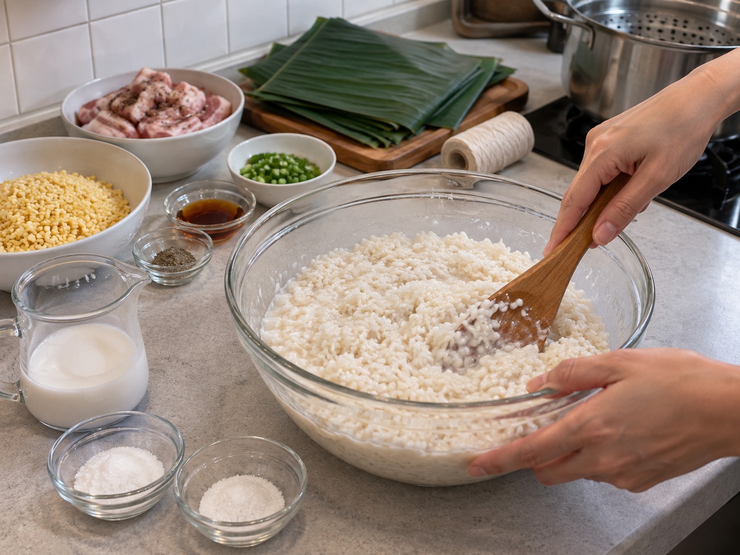 越南鹹味圓筒糯米粽 Bánh Tét — 糯米加入椰奶、鹽和糖拌勻