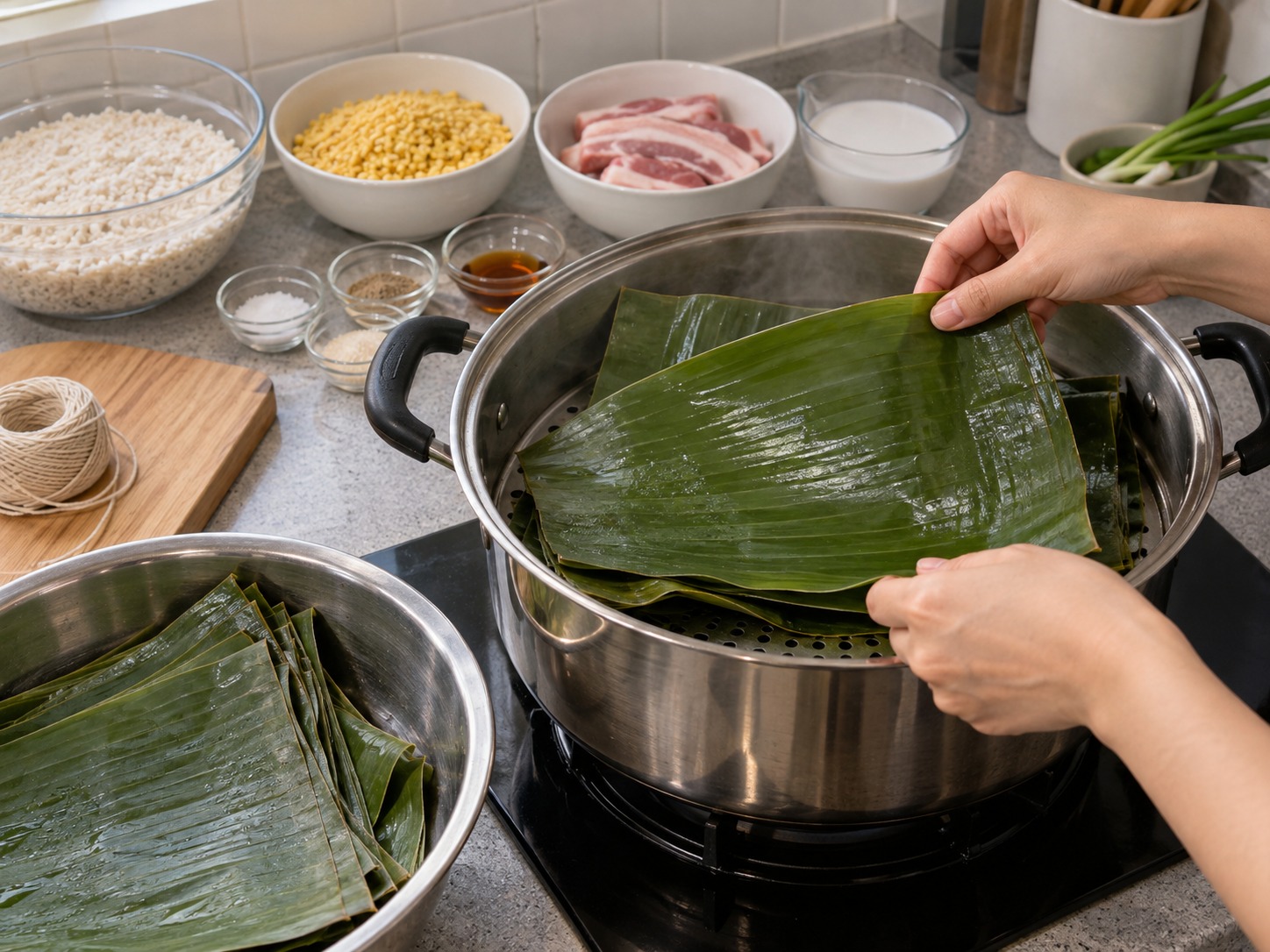 越南鹹味圓筒糯米粽 Bánh Tét — 蕉葉洗淨抹乾,快速烘軟以免裂開