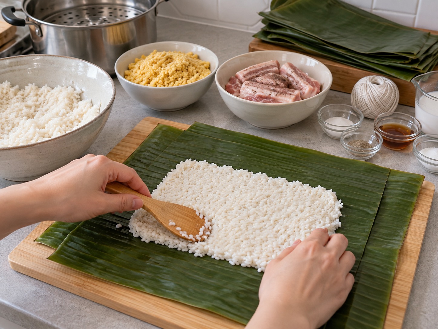 越南鹹味圓筒糯米粽 Bánh Tét — 兩層蕉葉上鋪一半糯米成長方形