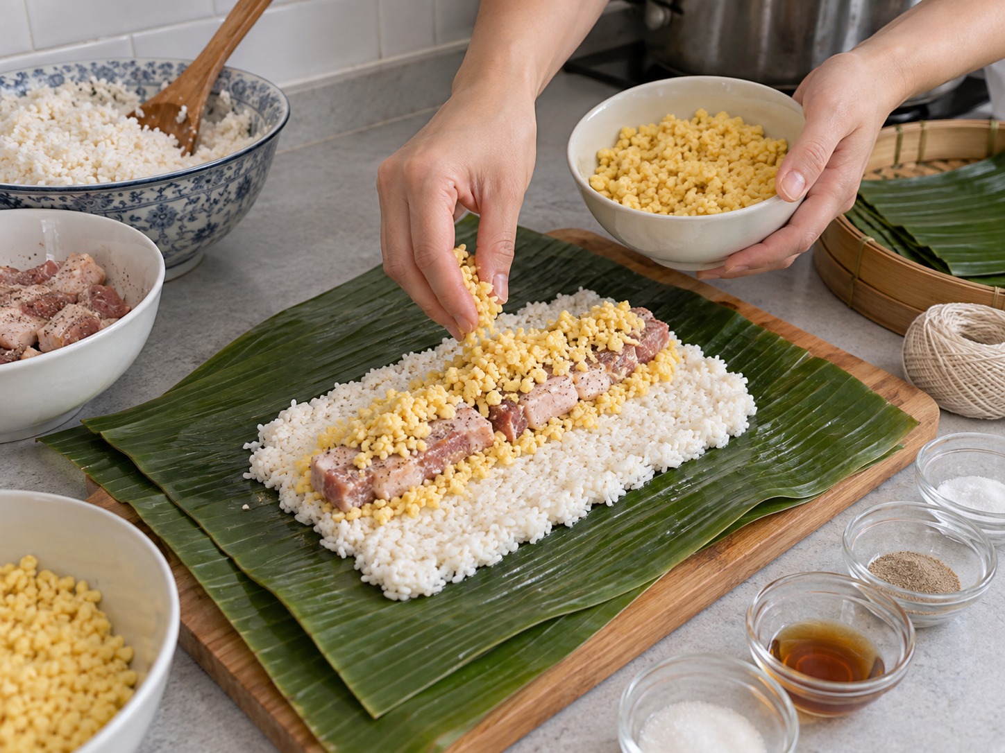越南鹹味圓筒糯米粽 Bánh Tét — 中央依次放綠豆蓉、豬腩和餘下綠豆