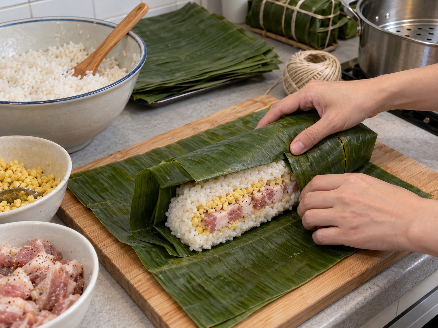 越南鹹味圓筒糯米粽 Bánh Tét — 蓋上餘下糯米,捲成緊實圓筒並摺好兩端