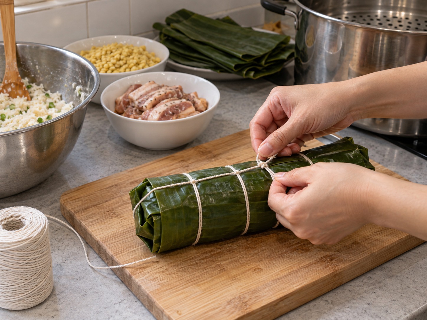 越南鹹味圓筒糯米粽 Bánh Tét — 用廚房繩均勻紮緊整條粽