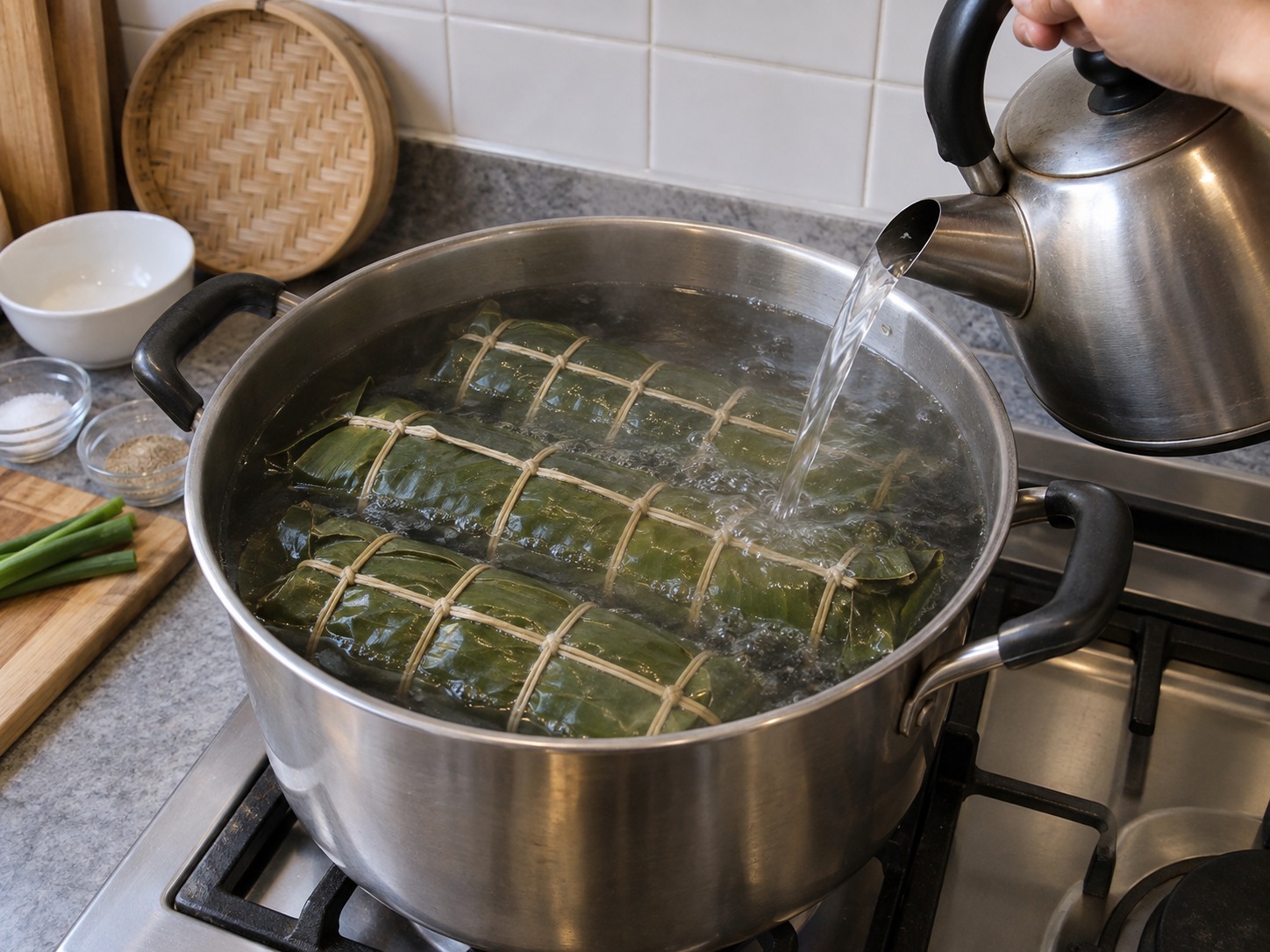 越南鹹味圓筒糯米粽 Bánh Tét — 深鍋水完全蓋過粽,以微滾煮五小時並補熱水
