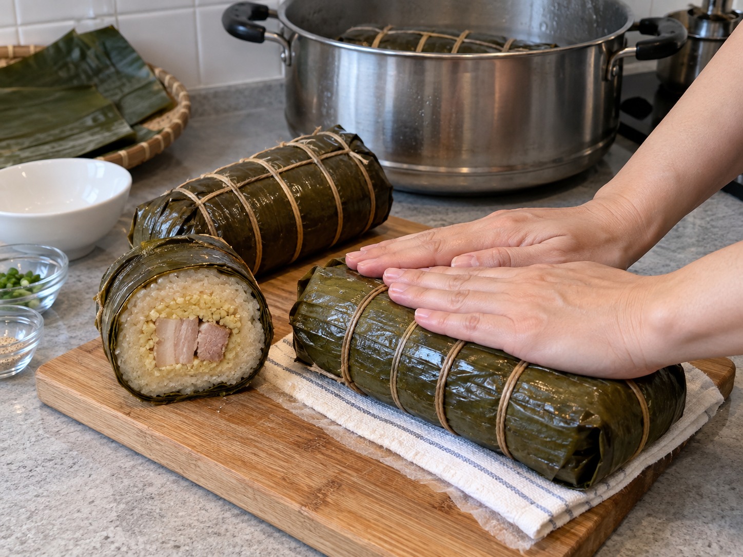 越南鹹味圓筒糯米粽 Bánh Tét — 取出後壓平放涼,確認中心豬肉全熟