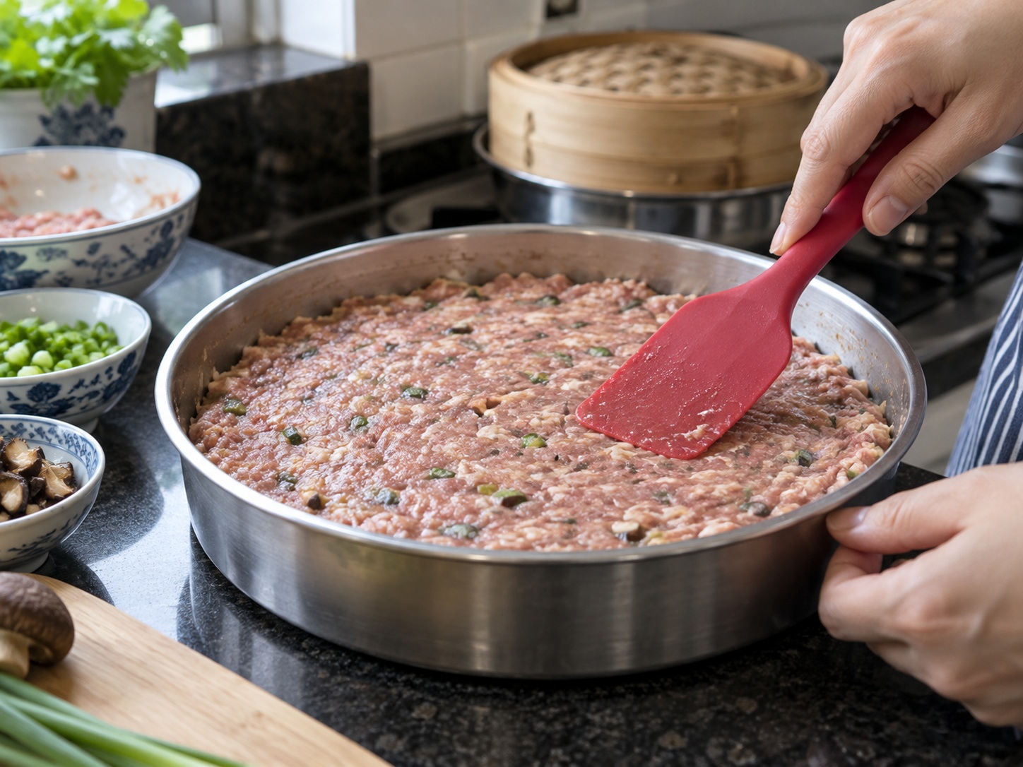 Pinasingawang Meatloaf na May Itlog ng Vietnam — Pantayin ang timpla sa lalagyan