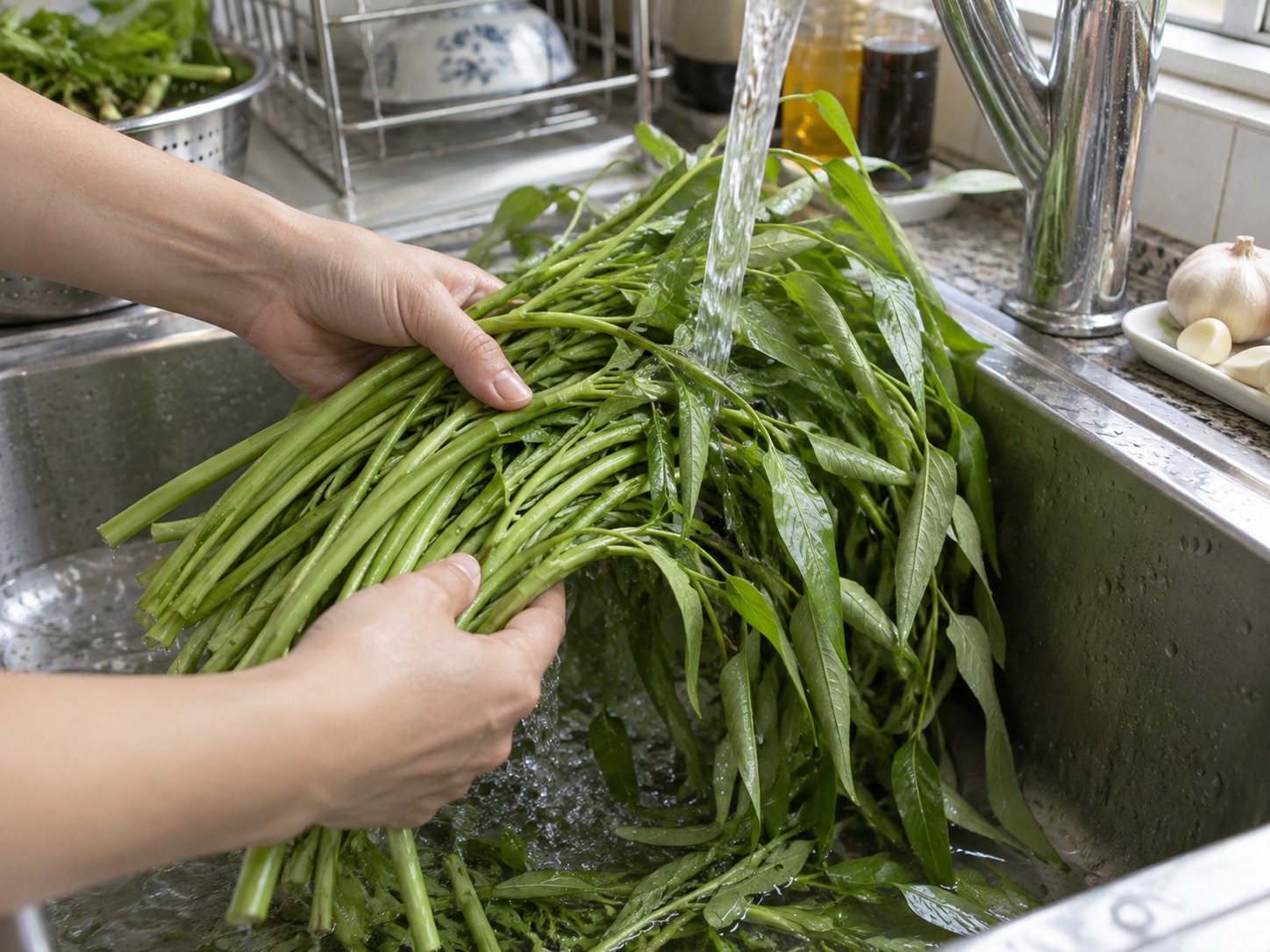 越式通菜炒牛肉 — 洗通菜