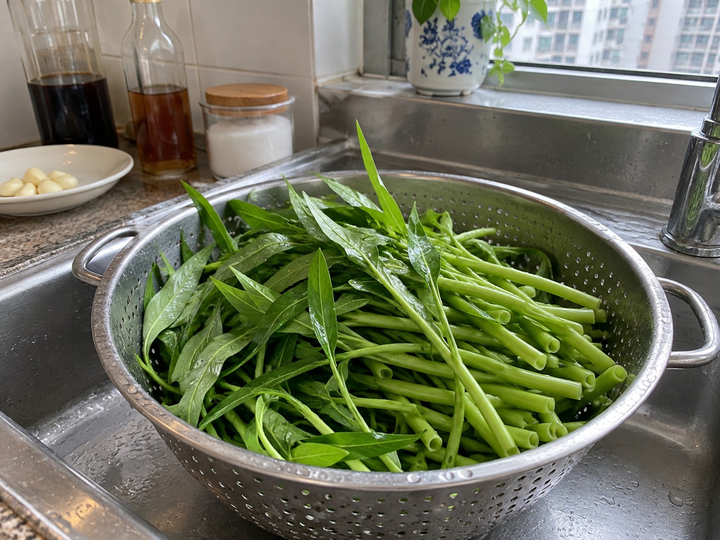 越式通菜炒牛肉 — 瀝乾菜葉