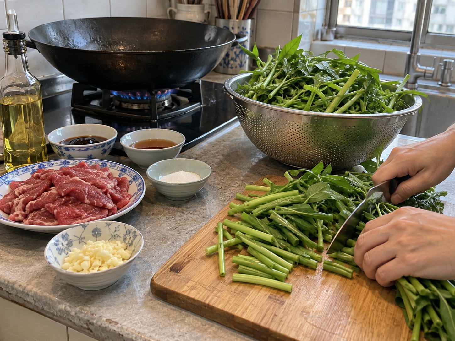 越式通菜炒牛肉 — 切通菜段