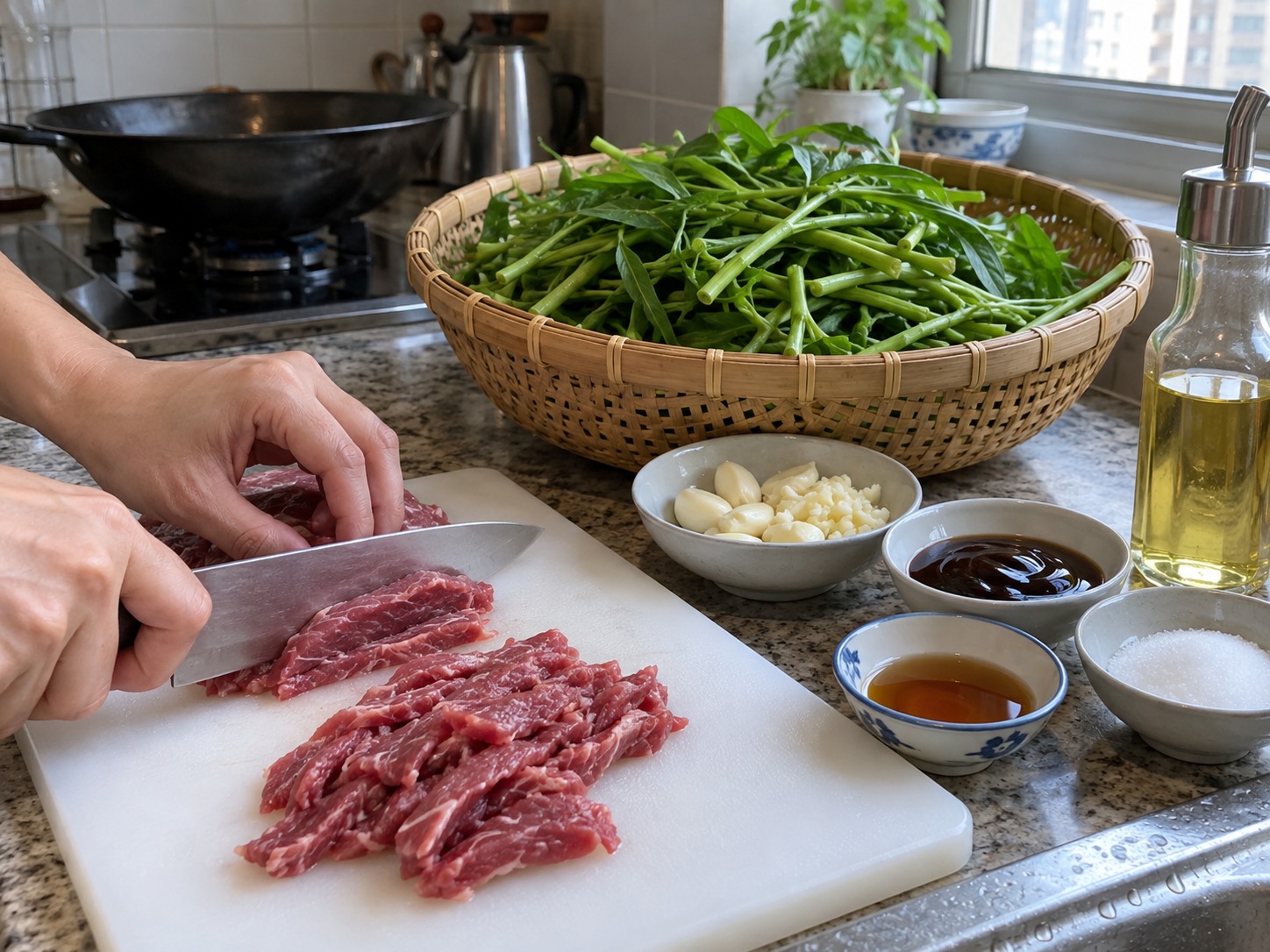 越式通菜炒牛肉 — 切牛肉薄片