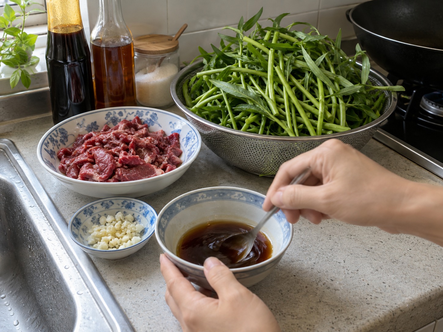 越式通菜炒牛肉 — 調拌炒汁