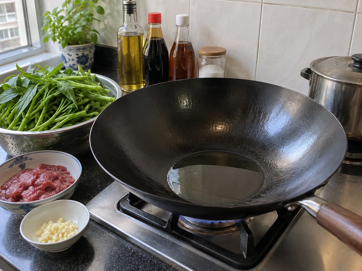 越式通菜炒牛肉 — 預熱鑊