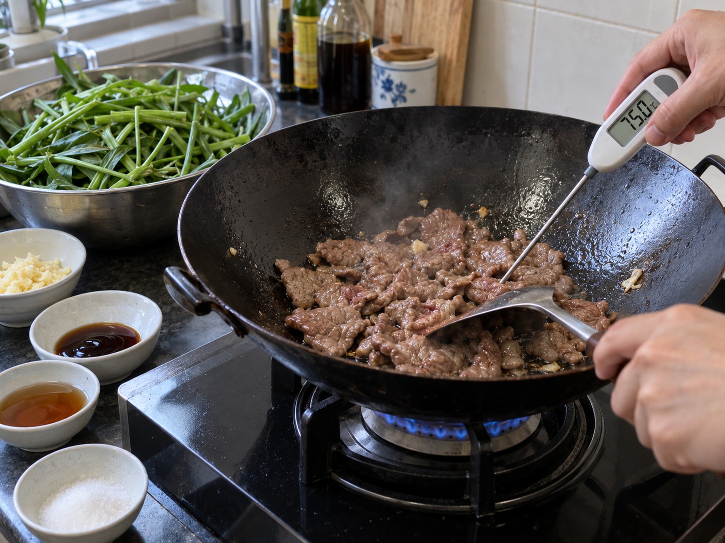 越式通菜炒牛肉 — 炒熟牛肉