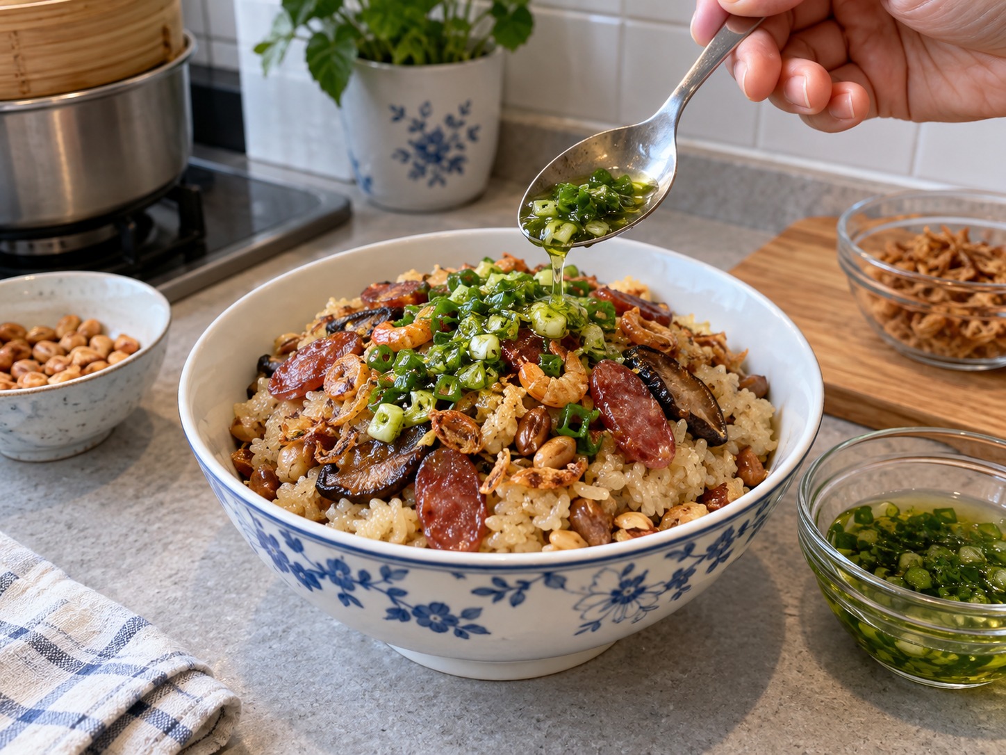Vietnamese Xoi Man Savoury Sticky Rice — finished dish