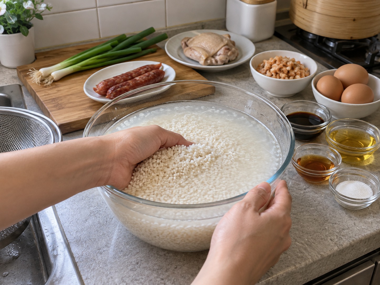 Vietnamese Xoi Man Savoury Sticky Rice — Wash glutinous rice, soak for eight hours and drain thoroughly