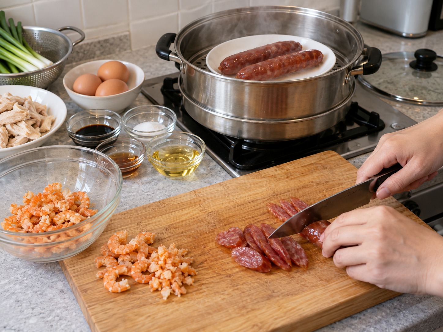 Vietnamese Xoi Man Savoury Sticky Rice — Soak and chop dried shrimp; steam sausage for ten minutes and slice
