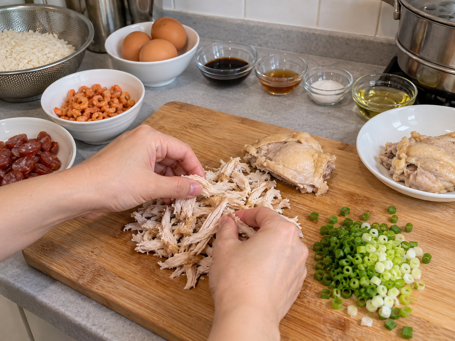 Vietnamese Xoi Man Savoury Sticky Rice — Shred the cooked chicken and finely slice spring onion