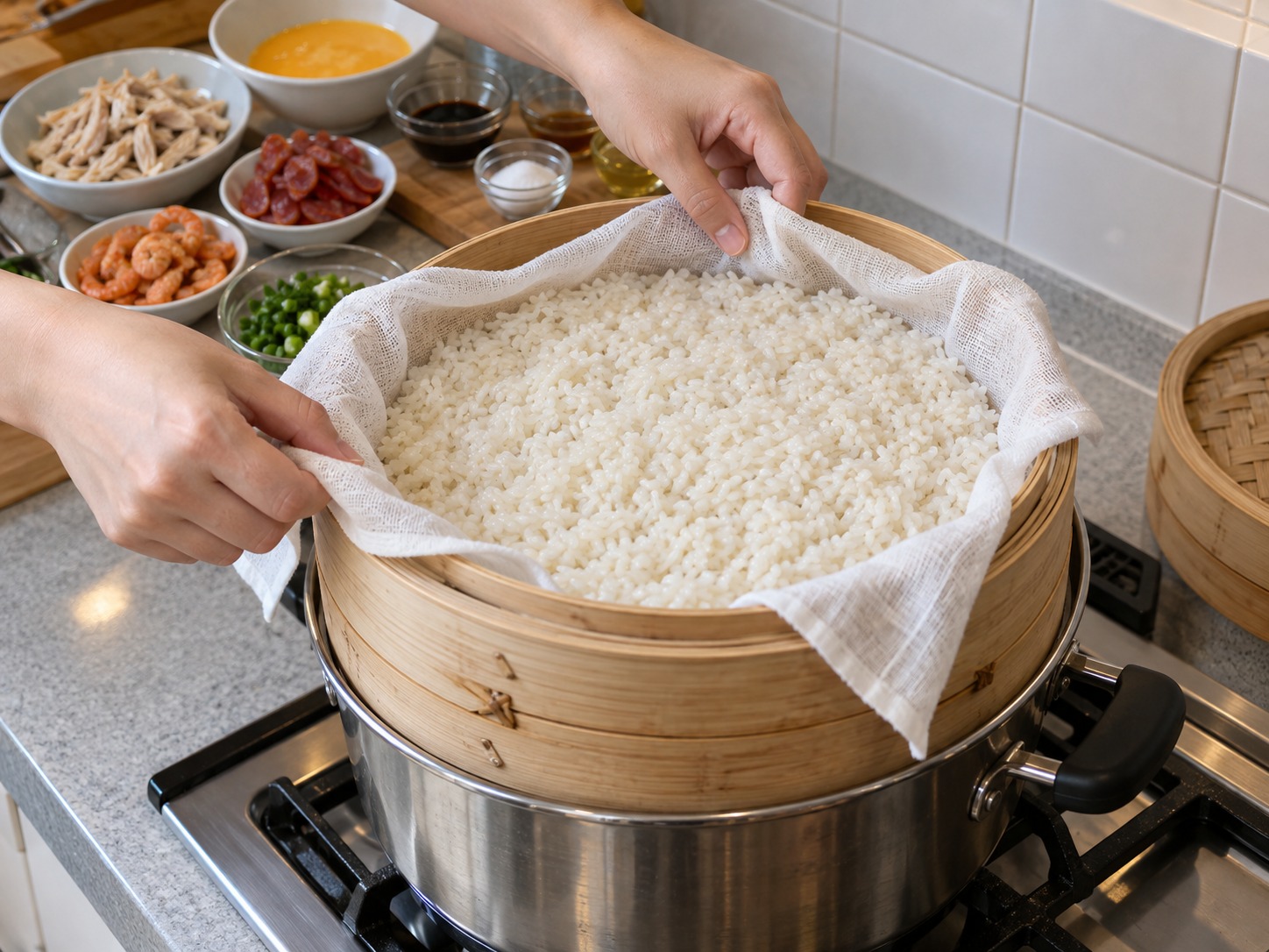 Vietnamese Xoi Man Savoury Sticky Rice — Spread rice on a steaming cloth and steam 25 minutes over boiling water