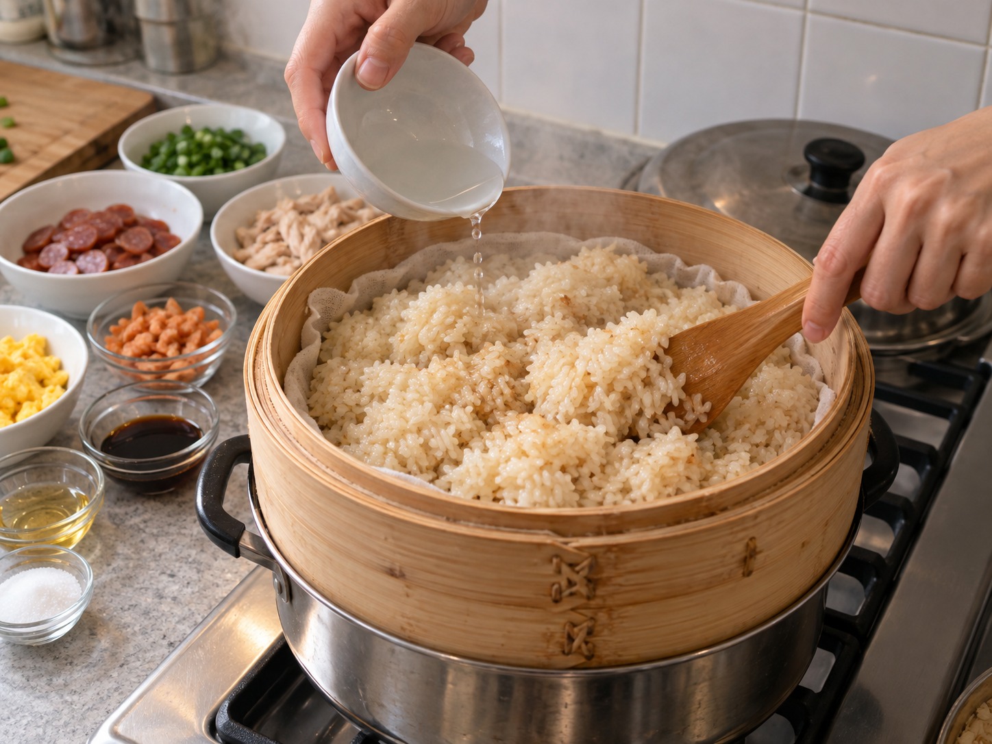 Vietnamese Xoi Man Savoury Sticky Rice — Sprinkle with a little hot water, turn the rice and steam ten minutes more until translucent and tender