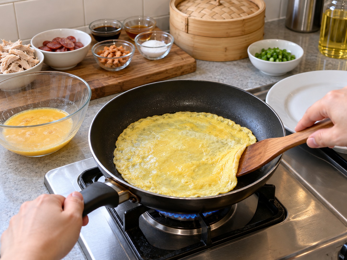 Vietnamese Xoi Man Savoury Sticky Rice — Beat eggs and cook a thin omelette in a frying pan