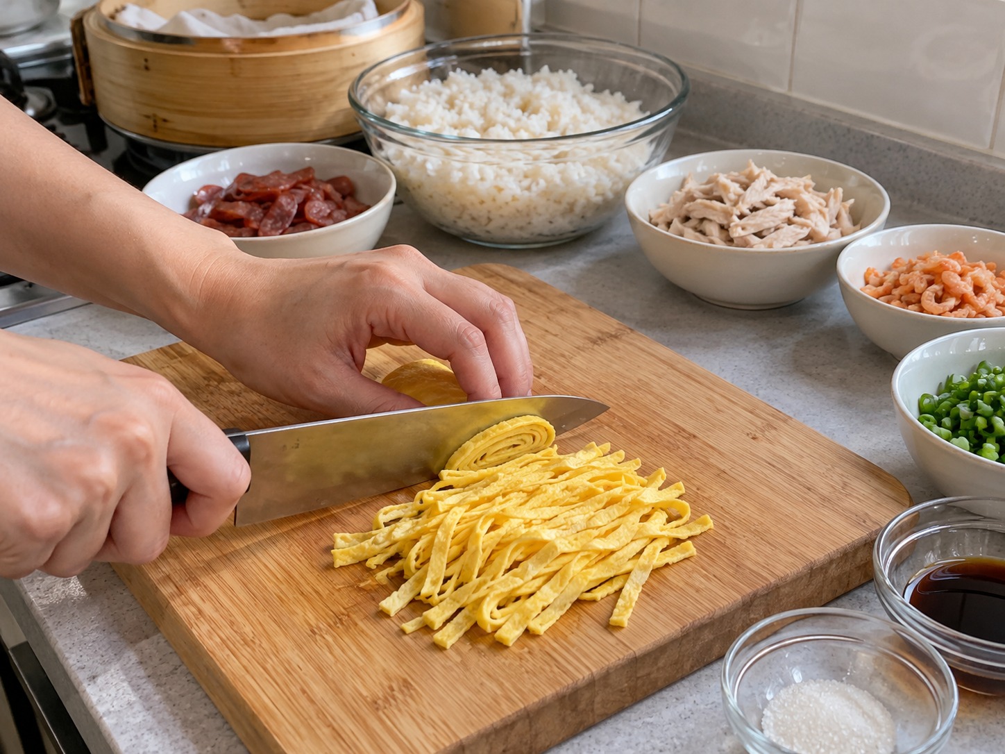 Vietnamese Xoi Man Savoury Sticky Rice — Cool, roll and slice the omelette into fine strips
