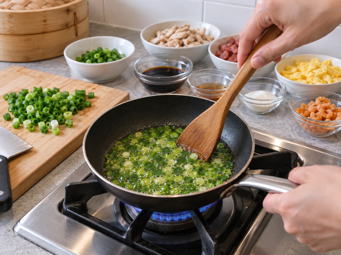 Vietnamese Xoi Man Savoury Sticky Rice — Heat oil in a small pan and cook spring onion gently into bright green scallion oil