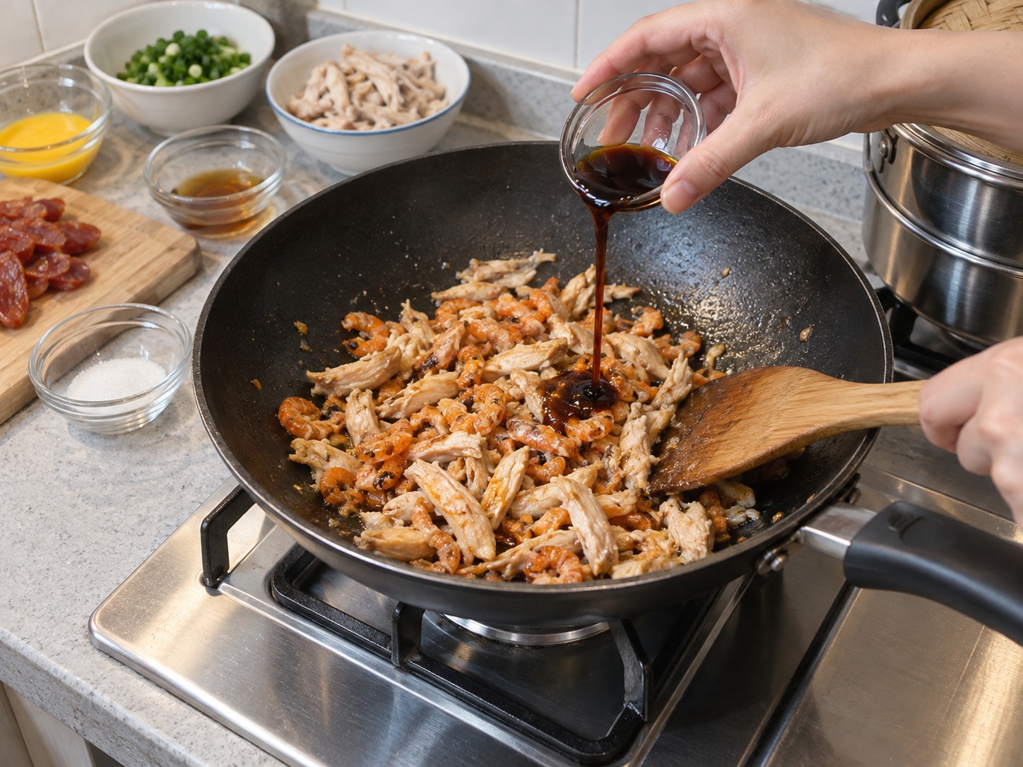 Vietnamese Xoi Man Savoury Sticky Rice — Fry dried shrimp and chicken, then add soy sauce, fish sauce and sugar