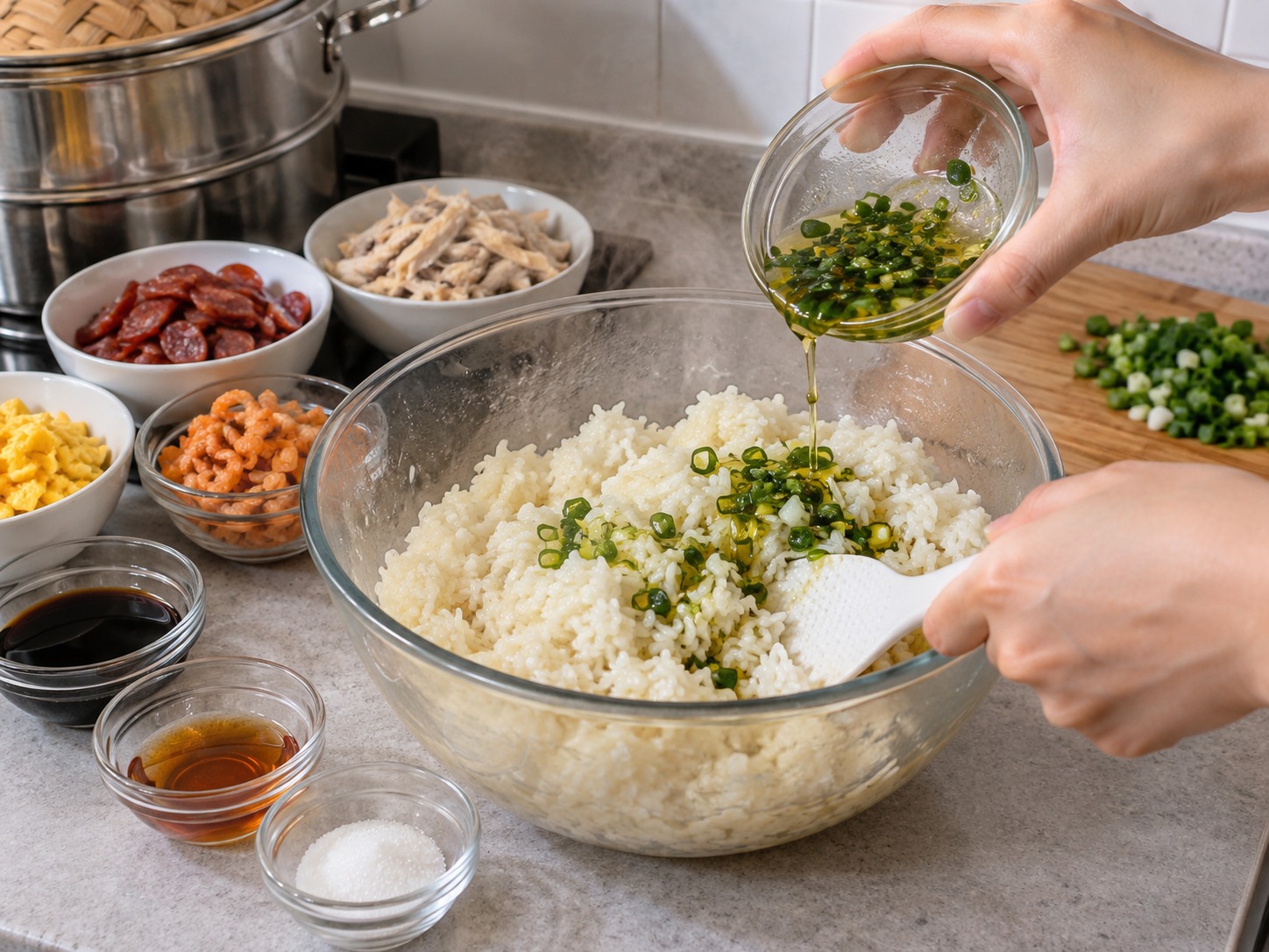 Vietnamese Xoi Man Savoury Sticky Rice — Fold half the scallion oil through the hot rice without crushing the grains
