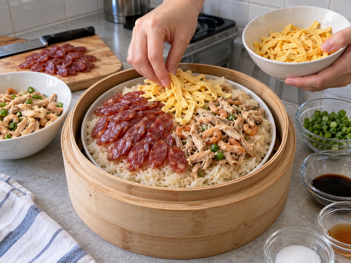 Vietnamese Xoi Man Savoury Sticky Rice — Layer sausage, chicken-shrimp mixture and egg strips over the rice