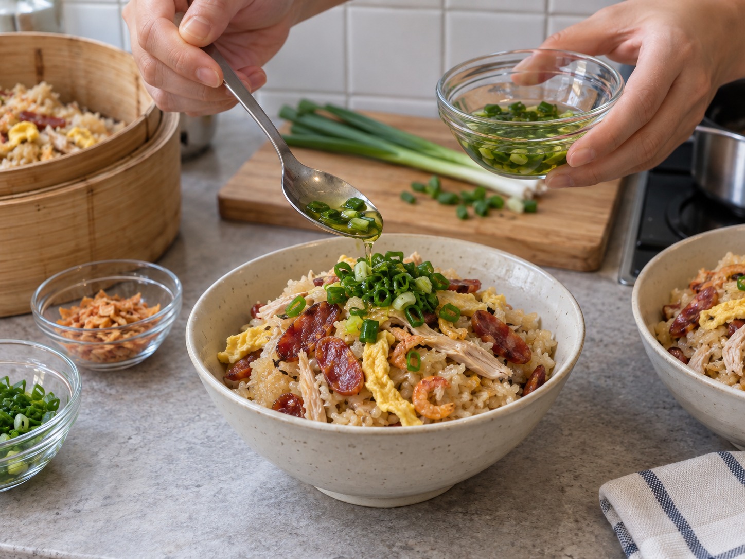 Vietnamese Xoi Man Savoury Sticky Rice — Spoon over remaining scallion oil and serve hot in bowls