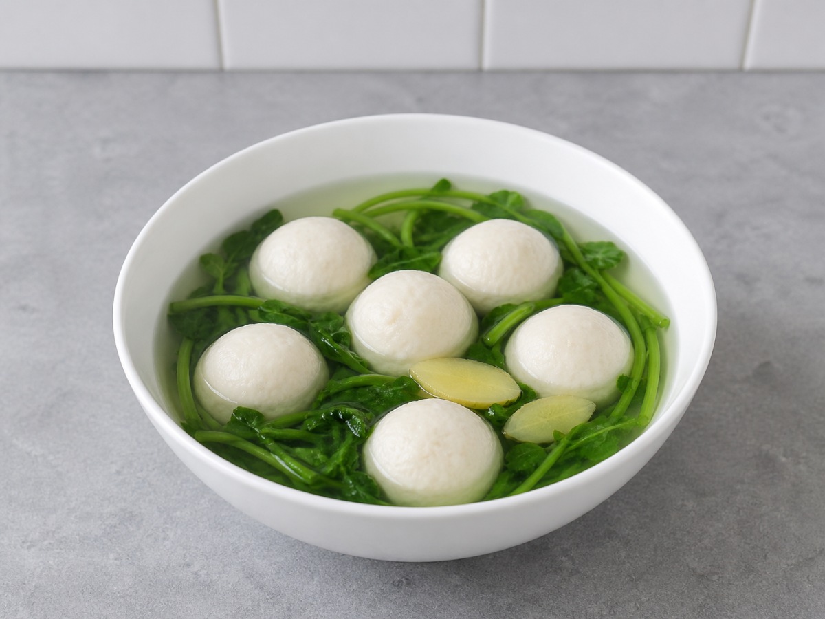Sup Selada Air dan Bakso Ikan: Tuang dan sajikan
