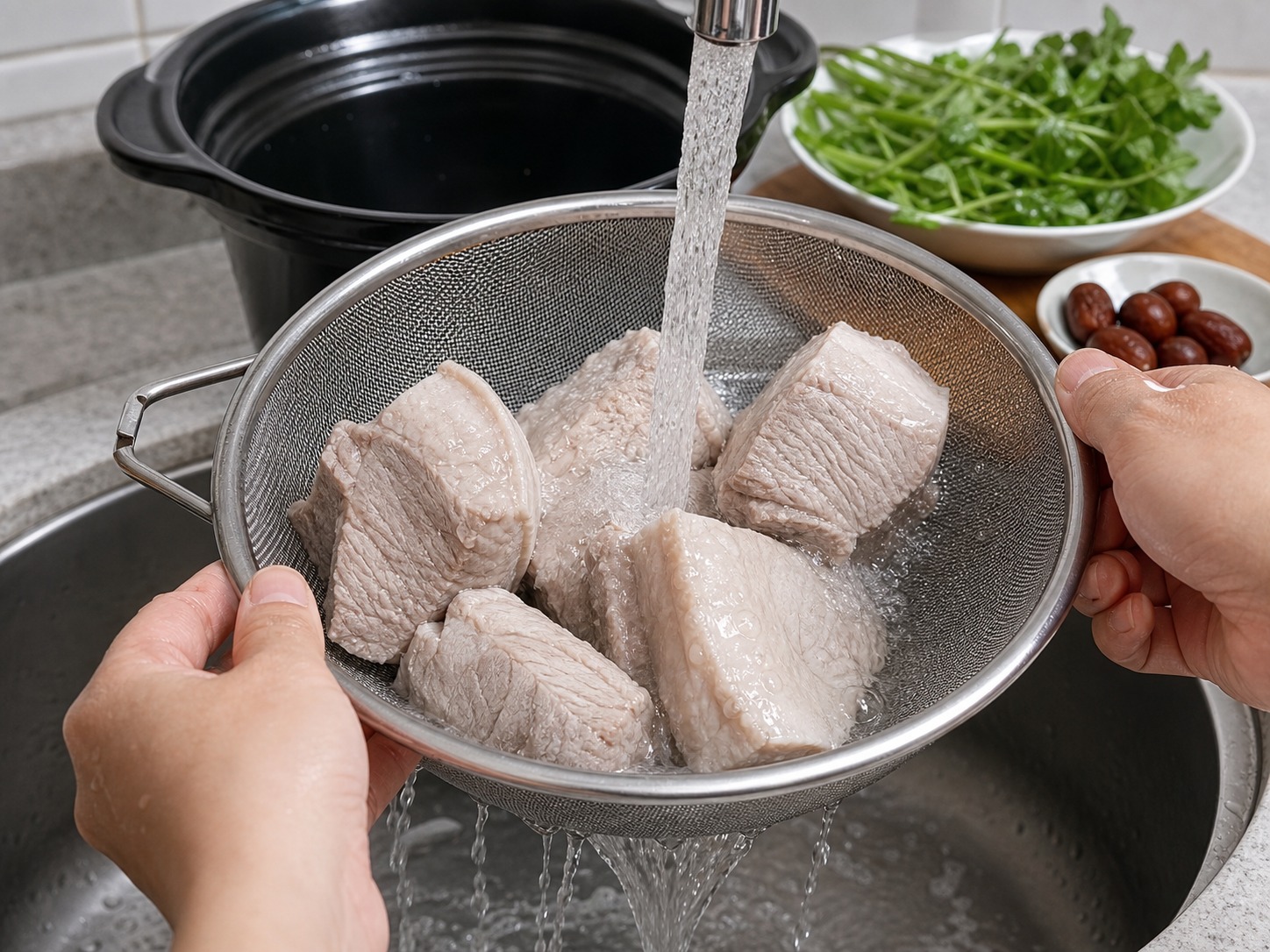 西洋菜蜜棗瘦肉湯:沖洗瘦肉