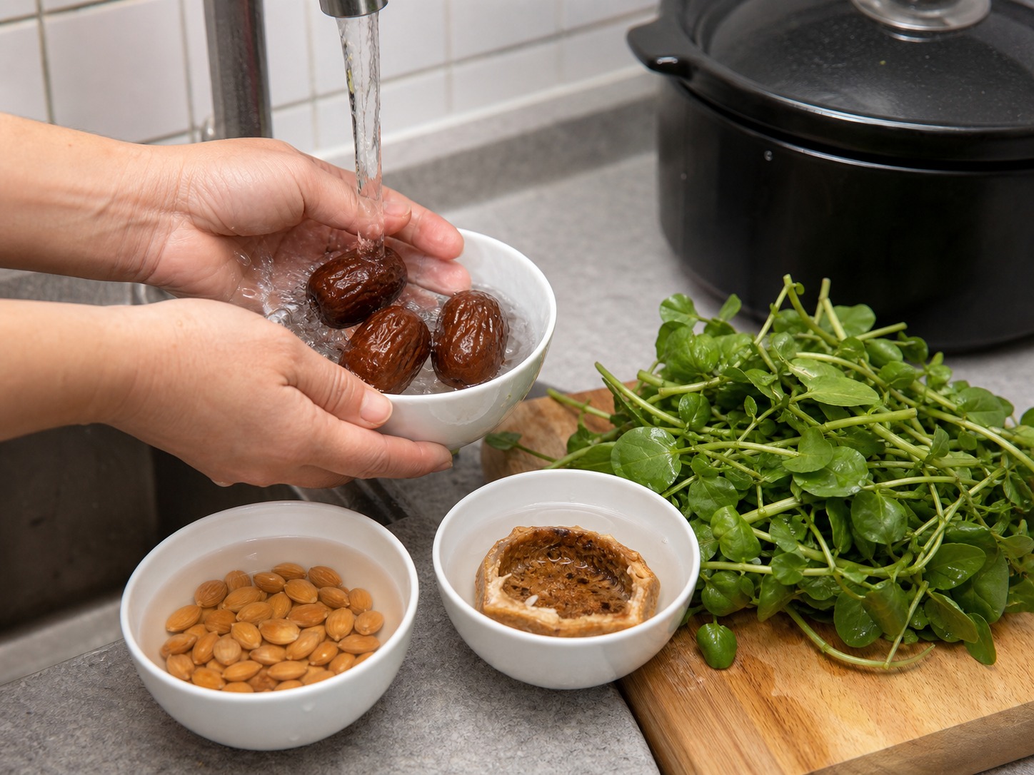 西洋菜蜜棗瘦肉湯:處理配料