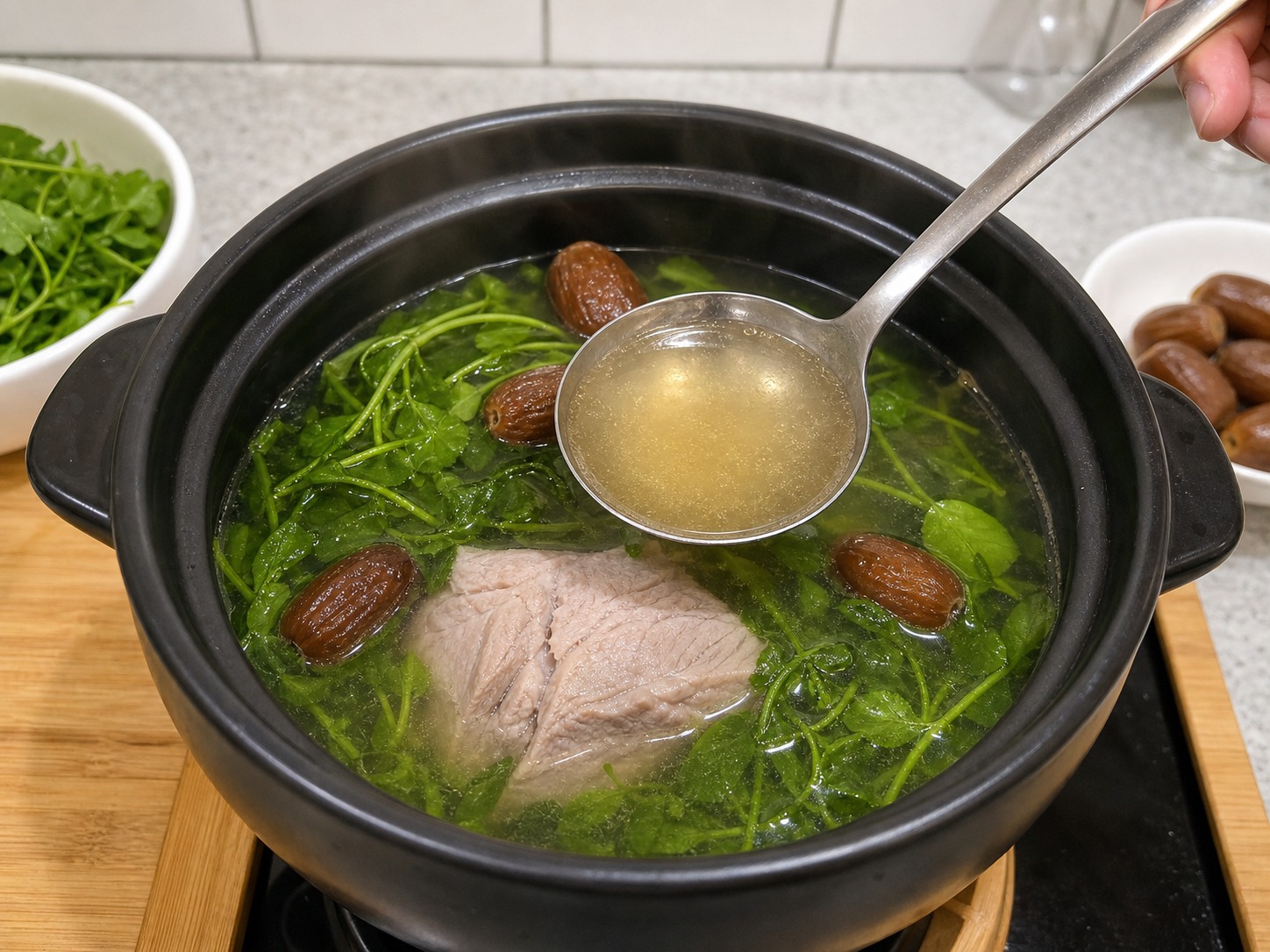 西洋菜蜜棗瘦肉湯:檢查湯色和材料