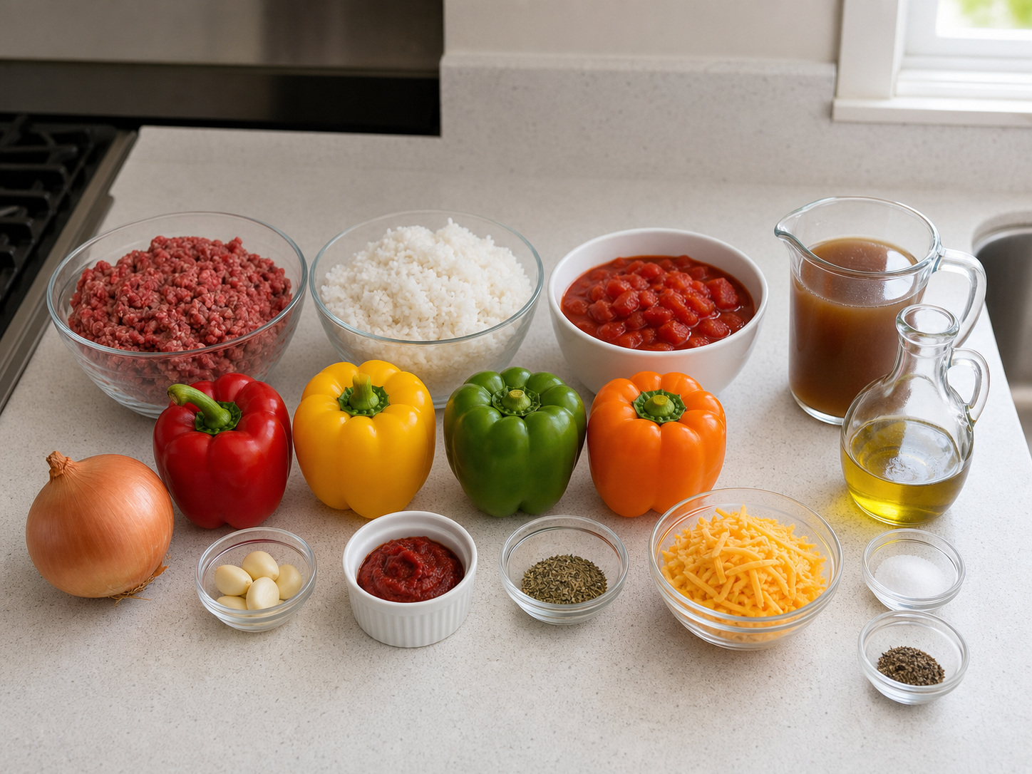 Measured ingredients for Western Baked Beef and Rice Stuffed Peppers