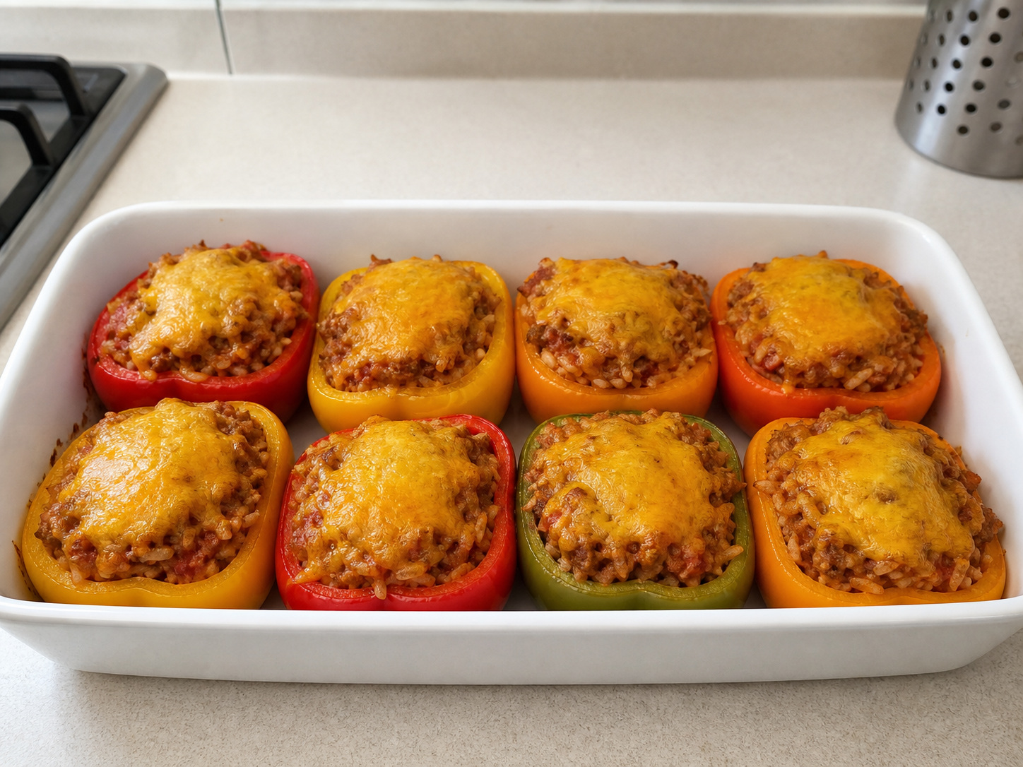 Western Baked Beef and Rice Stuffed Peppers: Add cheese and finish