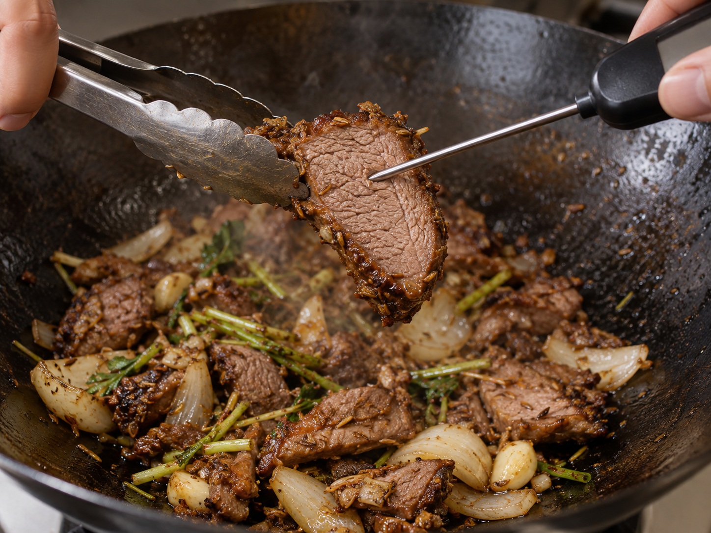 新疆孜然羊肉 — 檢查熟度