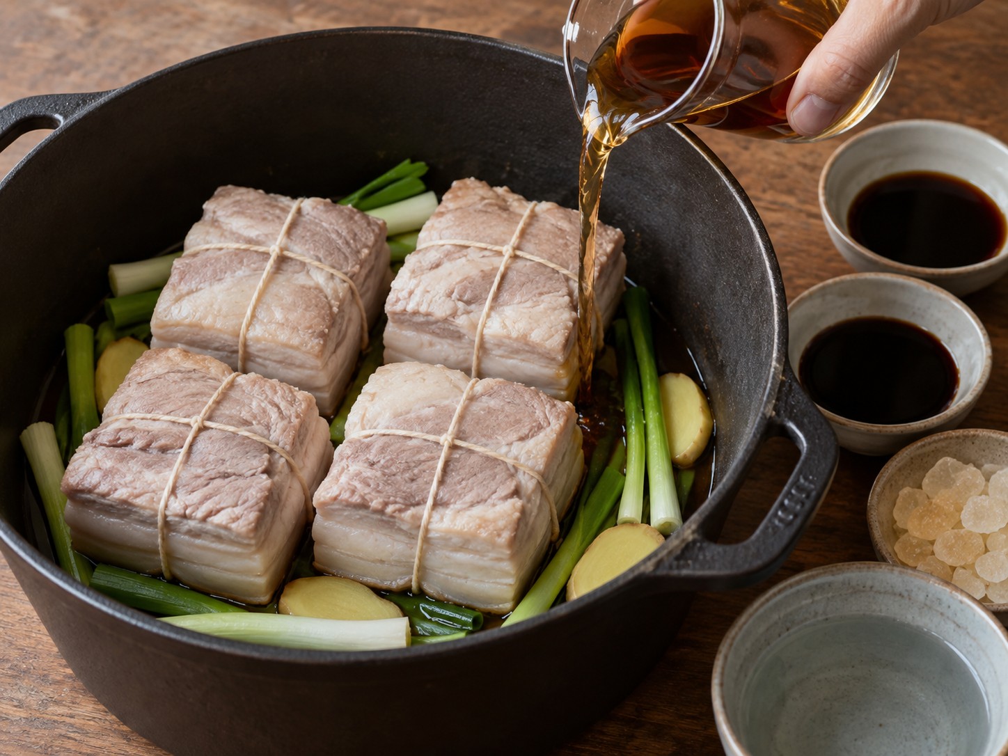 東坡肉 — 5. 沿鍋邊加入紹興酒、生抽、老抽、冰糖和清水。