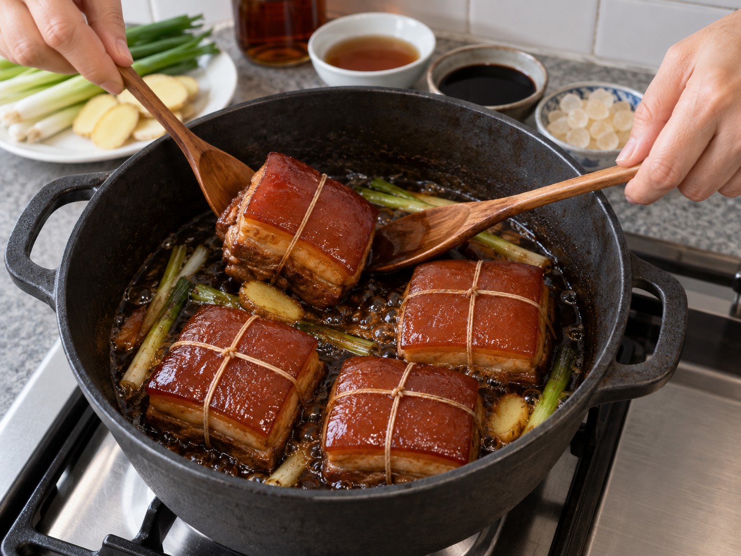 東坡肉 — 8. 小心翻轉豬肉至皮朝上,避免弄破。