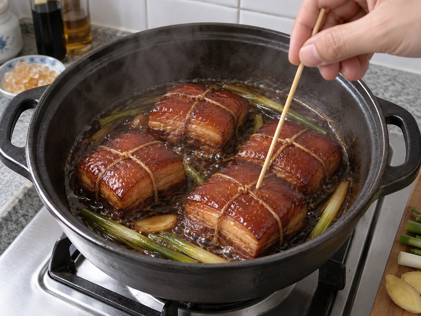 東坡肉 — 9. 繼續小火炆45至55分鐘,至竹籤容易插入。