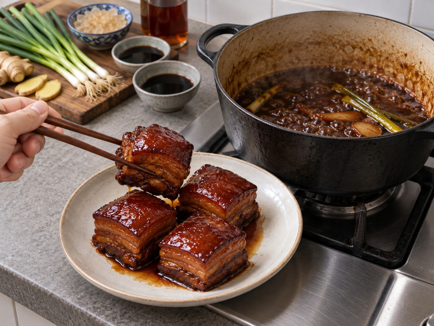 東坡肉 — 11. 豬肉盛到暖碟,把滷汁稍為收濃至有光澤。